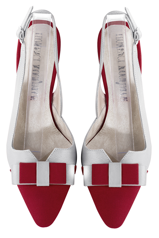 Cardinal red and light silver women's open back shoes, with a knot. Tapered toe. High slim heel. Top view - Florence KOOIJMAN